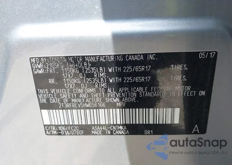 2017 Toyota Rav4 Xle z USA, uszkodzony, nr VIN 2T3RFREV5HW656166